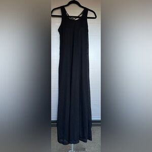 Athleta Black Mesh Gray Inside Long Dress Built in Bra Halter Ties Back Size XS